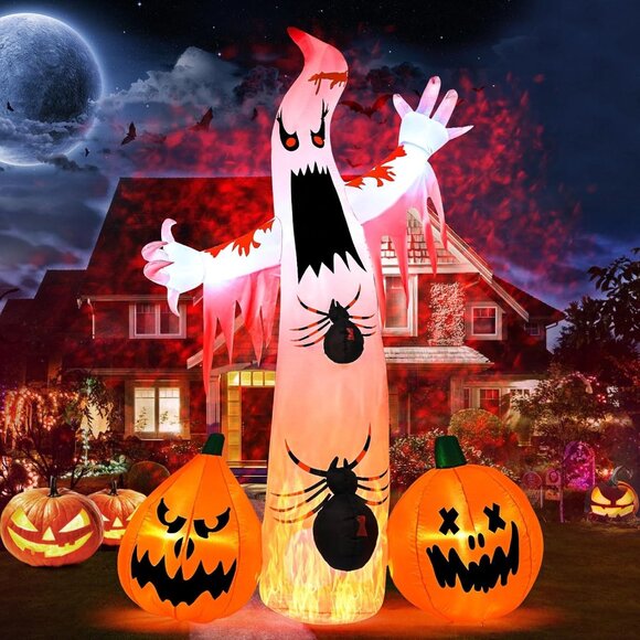 8FT Blow Up Pumpkin Spider Built-in 2 Flame for Outside Halloween Decorations - Picture 1 of 8